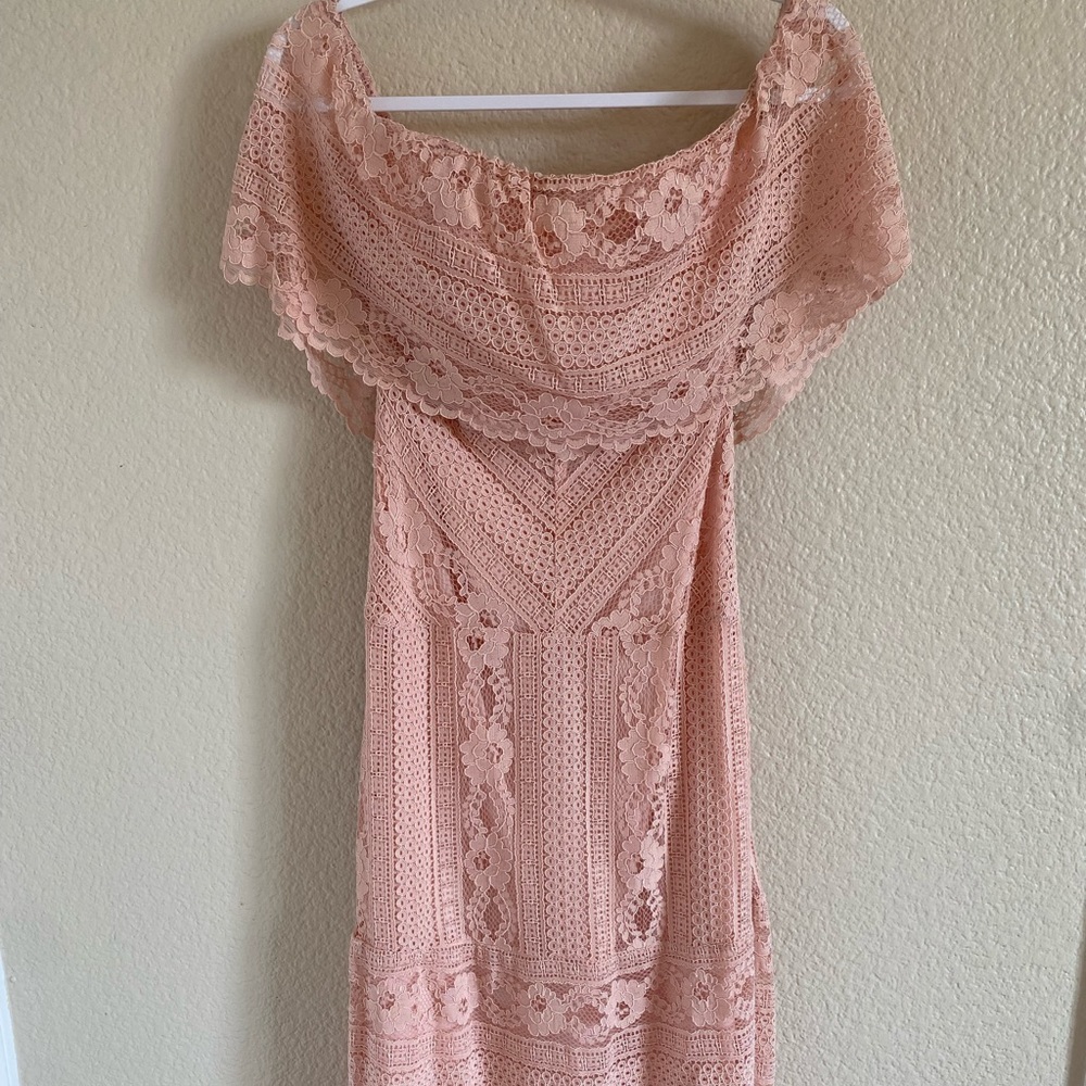 All lace off-the shoulder BB Dakota pink dress.